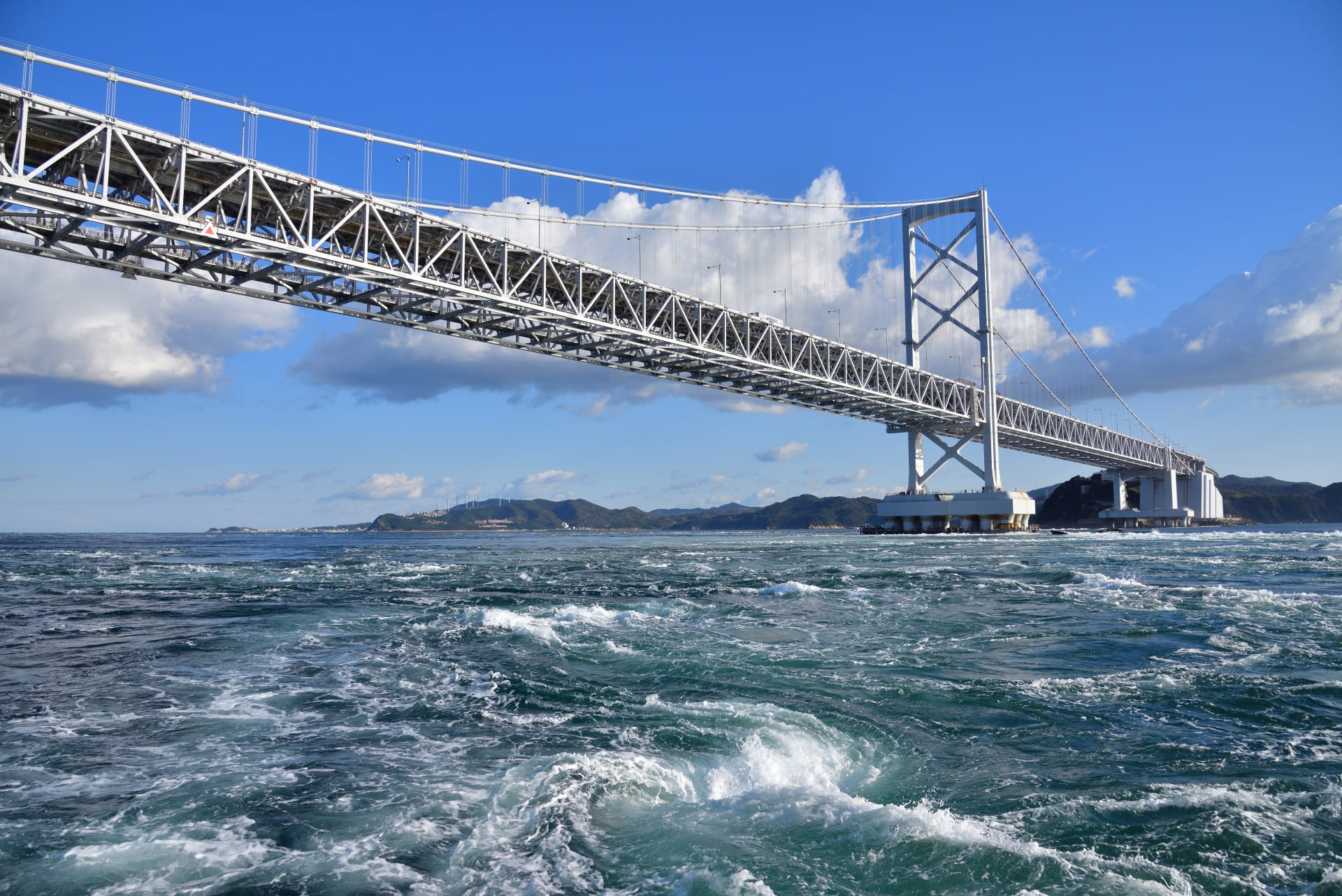 観潮船から見上げた大鳴門橋と鳴門海峡の渦潮
