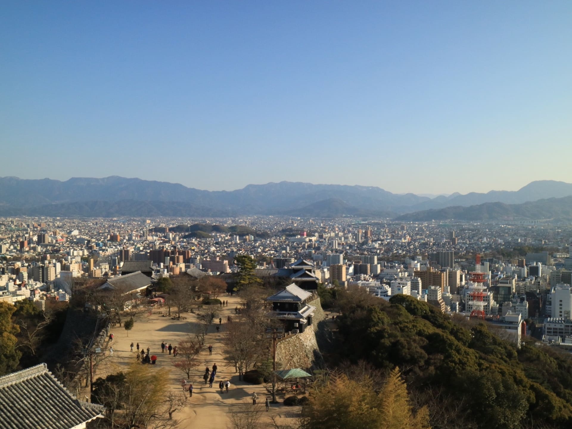 Panoramic view from the top floor of Matsuyama Castle keep over the city and Matsuyama Plain