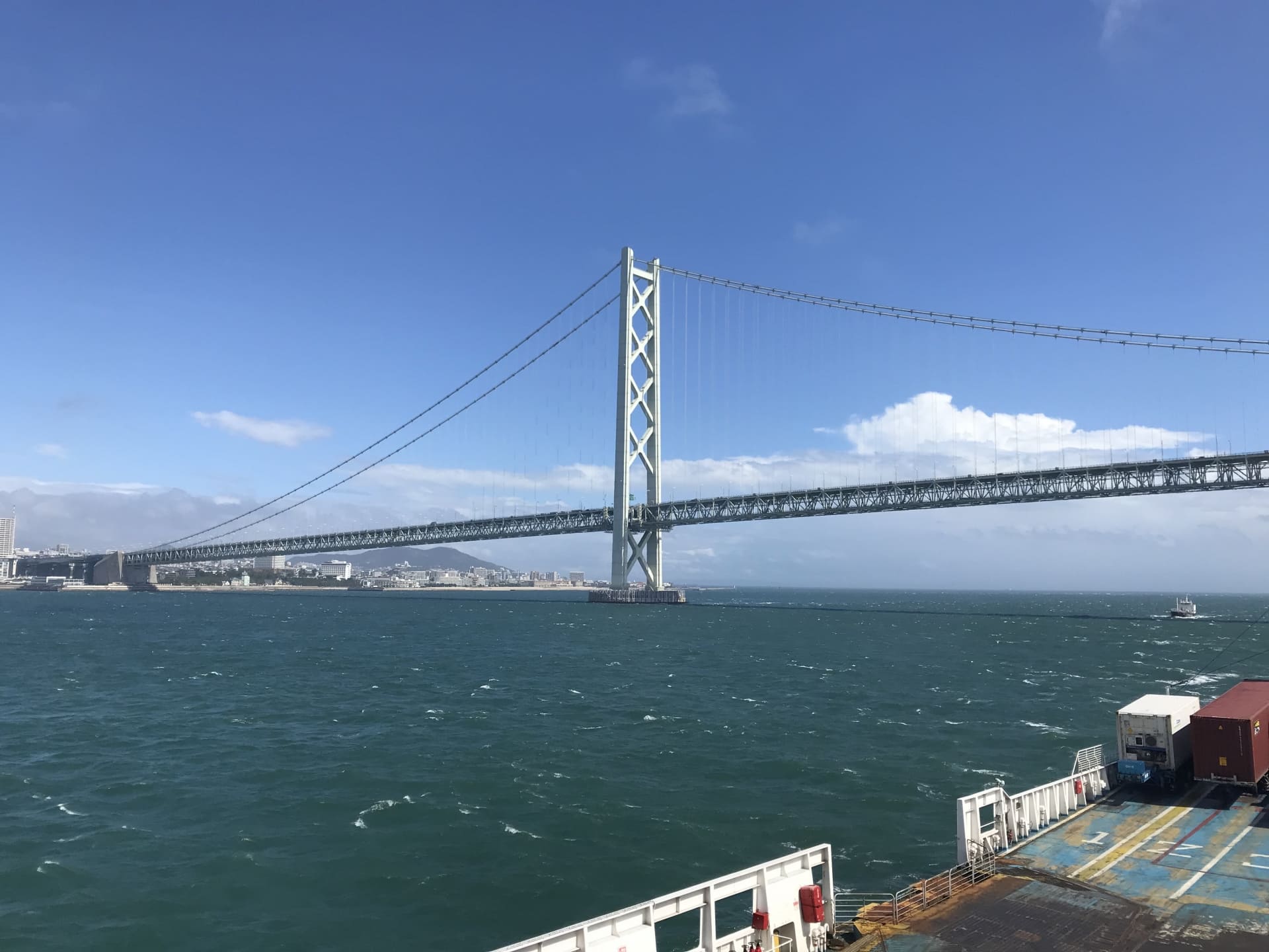 Akashi Kaikyo Bridge seen from the deck of Jumbo Ferry — the bridge is passed shortly after departing Kobe