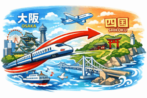 大阪から四国へのアクセスイラスト — 新幹線・高速バス・フェリーで瀬戸内海を渡る