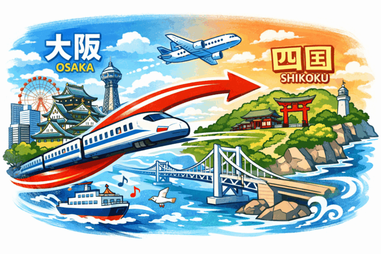 大阪から四国へのアクセスイラスト — 新幹線・高速バス・フェリーで瀬戸内海を渡る