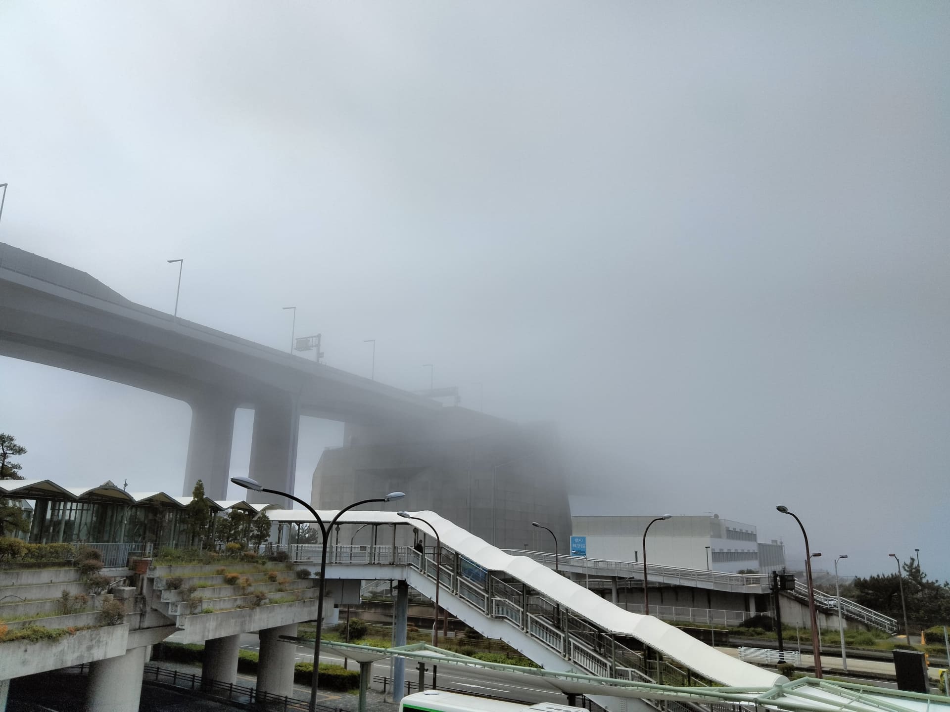 霧に包まれた橋と建物