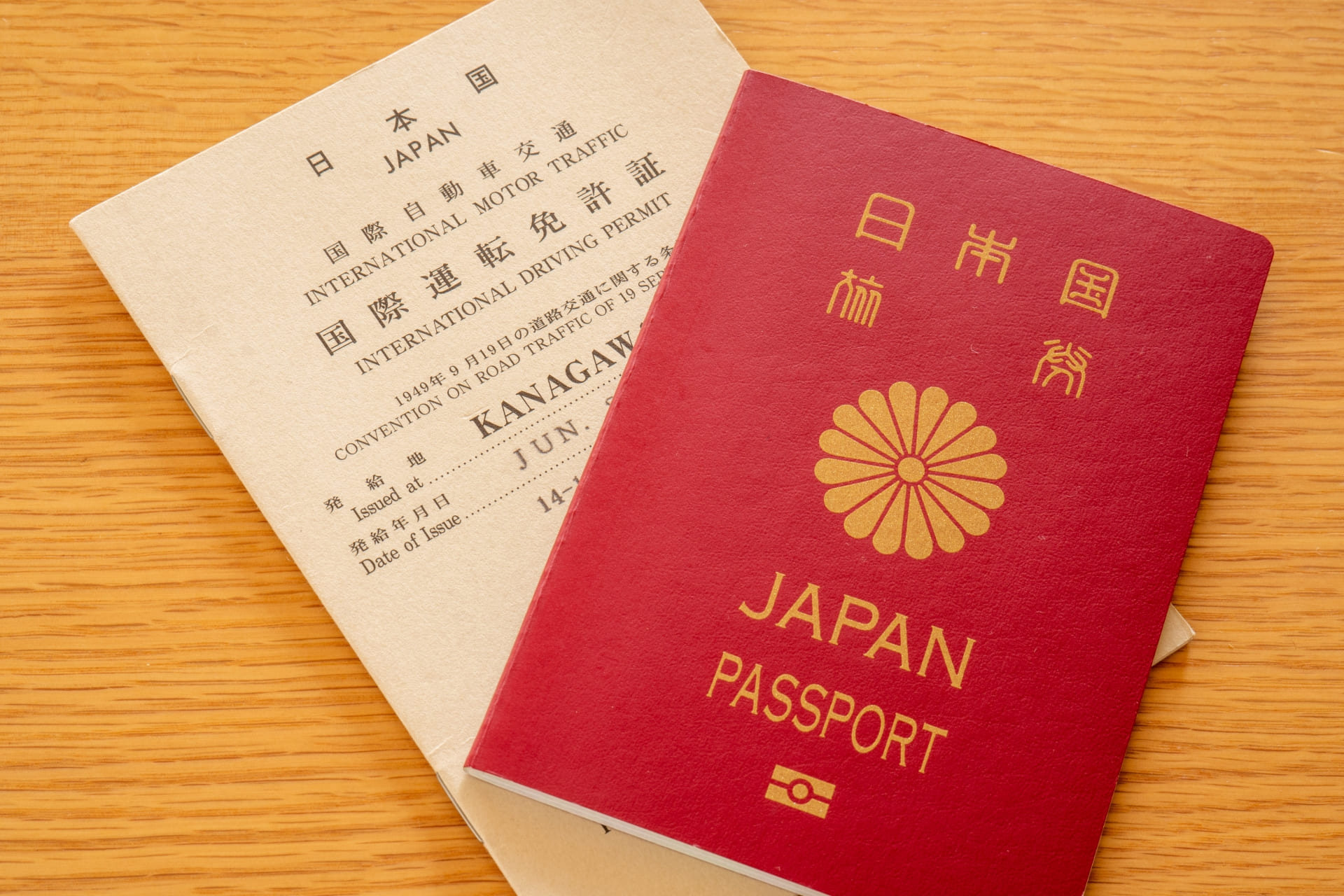 冊子型の国際運転免許証とパスポート